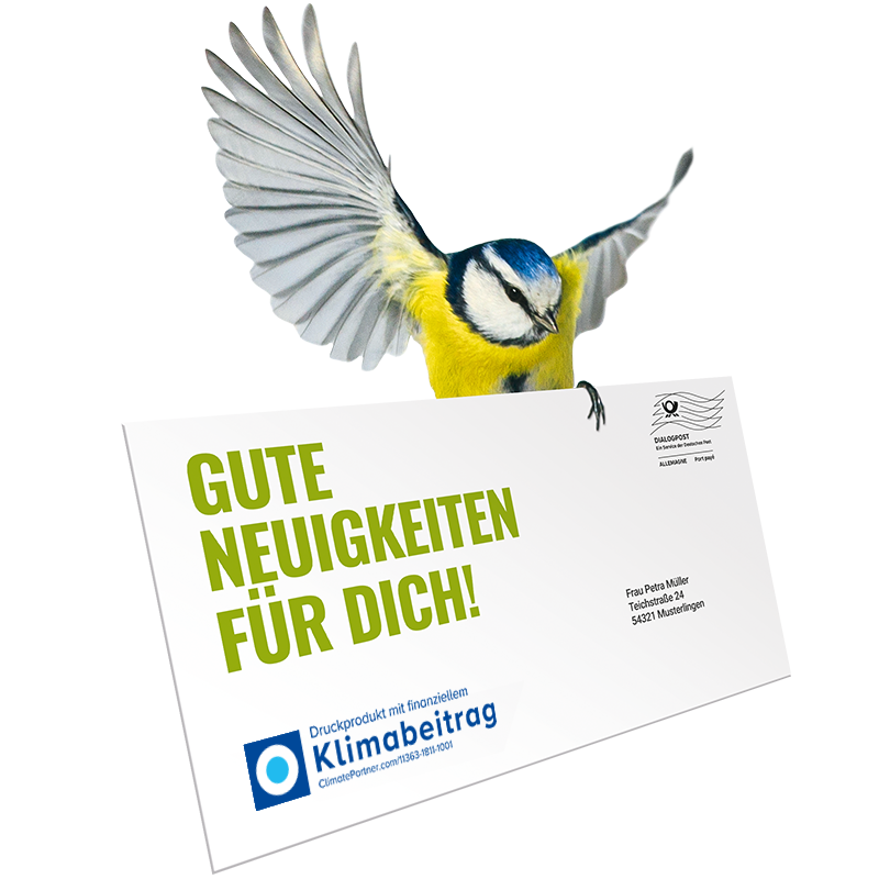 Klimabeitrag Mailings Klimaneutral ClimatePartner Vogel Brief